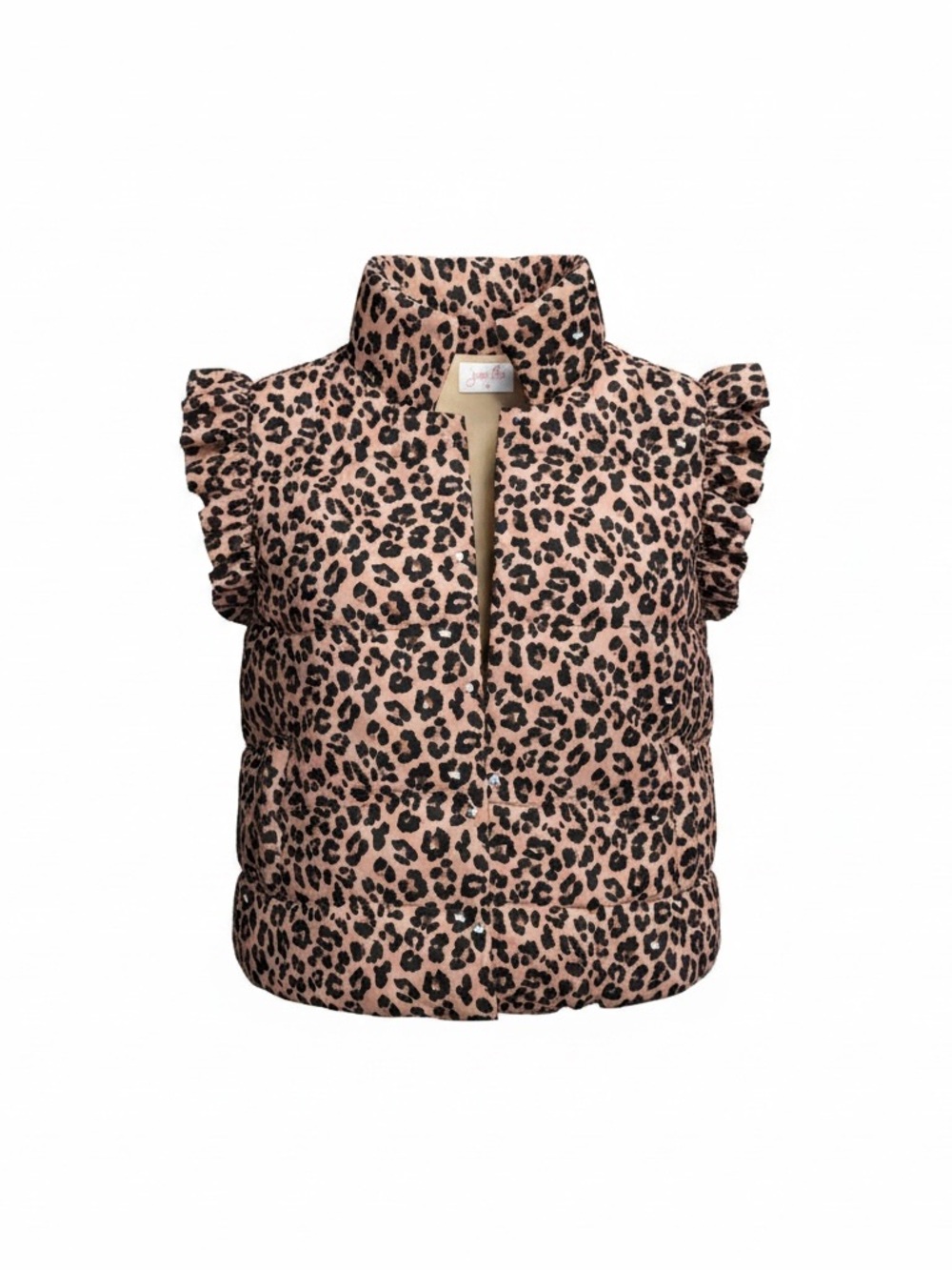 Ladies Leopard Print Puffer Vest with Ruffle Sleeves